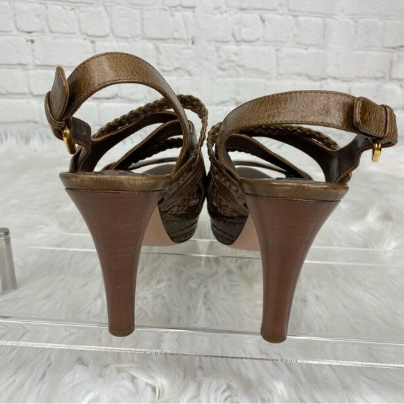 Prada Women's Brown Designer Braided Leather Strappy Luxury Heels IT 37.5 / US 7 - Picture 14 of 17